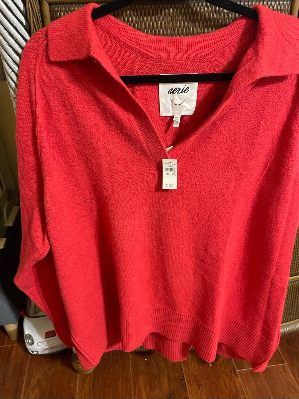 aerie Women's Collared V-Neck Sweater - Coral Red